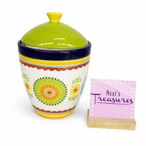 222 Fifth SUMMER SUZANI Bright 70's Floral Ceramic Lidded Medium Canister FLAW